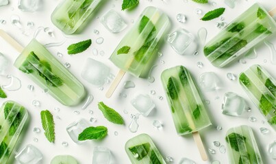 Wall Mural - popsicles with mint leaves and ice on white.