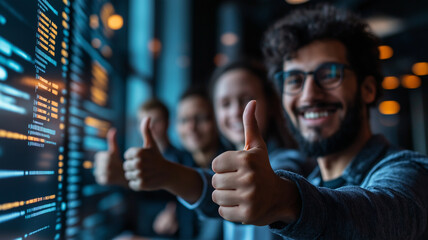 A group of enthusiastic programmers giving thumbs up in front of a screen displaying code, celebrating success and teamwork in a tech environment.
