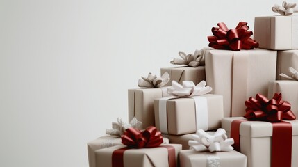 A stack of beige gift boxes with red and white ribbons, arranged on a clean white background, exudes a festive and classic vibe.