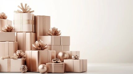 Wall Mural - Beige and Gold Gift Boxes with Bows on a White Background