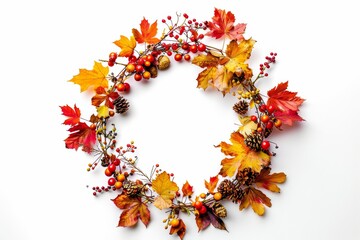 Wall Mural - wreath of fall leaves and berries on white background