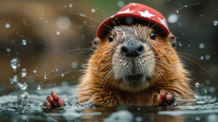 A Curious Beaver Wearing a Red Hat