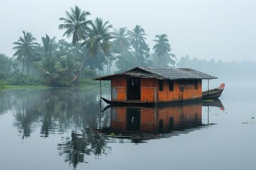 Wall Mural - Traditional houseboat floating on kerala backwaters in india