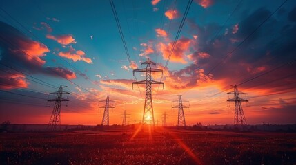 Poster - Silhouettes of Power Lines Against a Vibrant Sunset