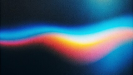 Wall Mural - A vibrant rainbow wave glows against a dark, grainy gradient background of blue, pink, and yellow textures,generative ai 