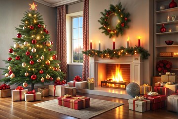 Wall Mural - christmas tree in front of fireplace