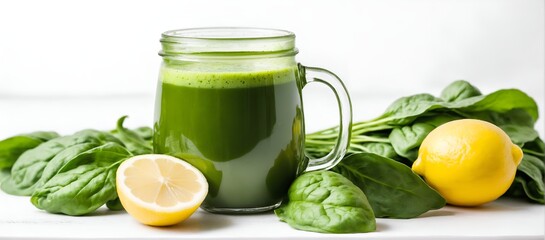 Wall Mural - Green spinach smoothie with lemon. Detox, clean diet. Vegetable drink.