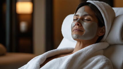 Mature Hispanic woman relaxing in day spa with clay mask and white robe, wellness and skincare, copy space