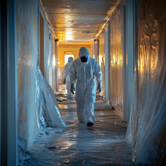 Asbestos, Lead, and Mold Abatement workers removing hazardous waste from and old house.