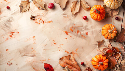 Happy Thanksgiving concept. Autumn composition with ripe orange pumpkins, fallen leaves, dry flowers on rustic wooden table. Flat lay, top view, copy space