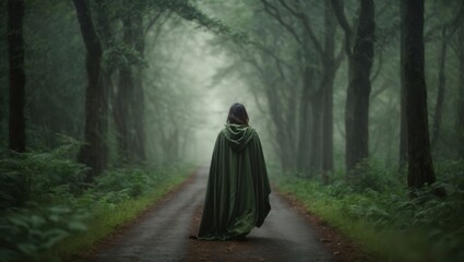 A woman walks in the forest, a gloomy forest path.