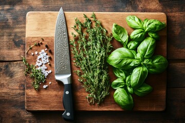 Wall Mural - Fresh basil, rosemary, and thyme are neatly arranged on a wooden cutting board beside a knife, ready for culinary use