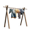 © BraveSpirit - PNG Clothes drying on a wooden rack in natural light with assorted garments hanging in a sunny outdoor setting