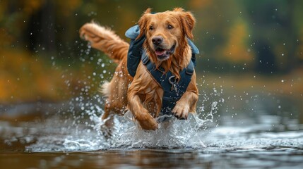 Wall Mural - Golden Retriever Running Through Water