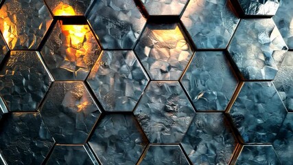 Wall Mural - A collection of hexagonal shaped metal tiles with a textured surface, used for wall decoration and creating interesting geometric patterns.