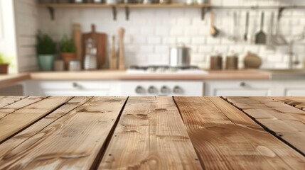 Sticker - Wooden table or kitchen island with natural pattern on blurred kitchen background for product display.