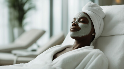 Mature African-American woman relaxing in day spa with clay mask facial and white robe, wellness and skincare, copy space