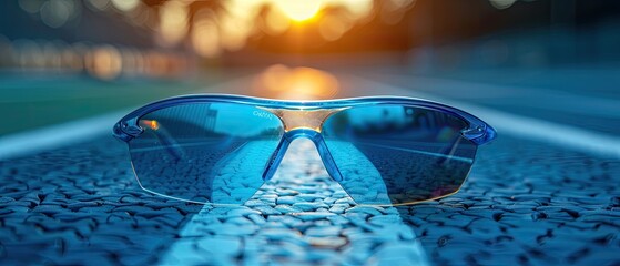 Blue sunglasses on a blue surface with blurred sunset background.