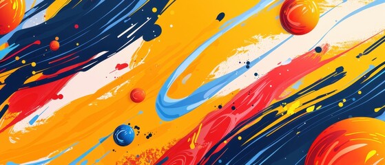 Colorful abstract background with paint strokes and spheres blue red yellow orange Generative AI