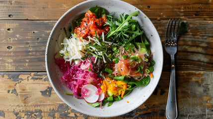 Wall Mural - a vibrant salad featuring mixed greens, topped with a variety of fermented vegetables like kimchi, pickled radishes, and sauerkraut, served in a white bowl with a fork beside it