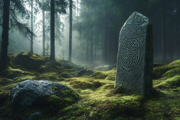 Morning sunlight illuminating a mysterious runestone in a lush forest, surrounded by mystical nature. Weathered carvings hint at rich history of pagan spirituality