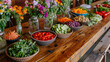 © Vian - a build-your-own salad bar, featuring bowls of mixed greens, cherry tomatoes, cucumbers, carrots, nuts, seeds, and various dressings, arranged on a long, rustic wooden table with fresh flowers in smal