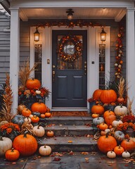 Halloween Day with pumpkins front porch decorations, Halloween Day concept