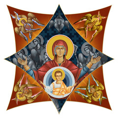 Blessed Virgin Mary on cross dome with 4 apostles, angels and seraphim. Illustration in Byzantine style isolated