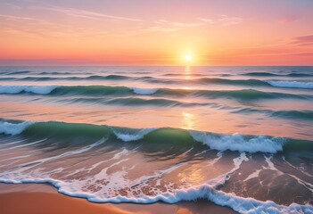 Wall Mural - A serene ocean landscape with calm, rippling waves reflecting the warm, pastel-colored sky and bright sun in the distance