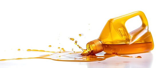 Spilled motor oil from a plastic container on a white background, illustrating an accident or mishandling of lubricant products.