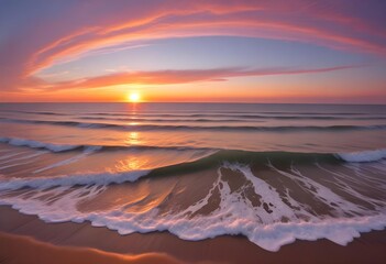 Wall Mural - A serene ocean landscape with calm, rippling waves reflecting the warm, pastel-colored sky and bright sun in the distance