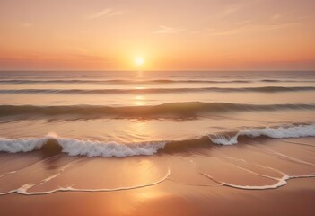 Wall Mural - A serene ocean landscape with calm, rippling waves reflecting the warm, pastel-colored sky and bright sun in the distance