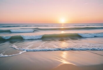 Wall Mural - A serene ocean landscape with calm, rippling waves reflecting the warm, pastel-colored sky and bright sun in the distance