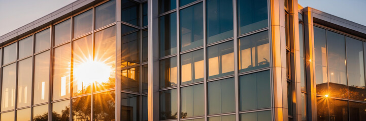 Wall Mural - Sleek office building reflects warm glow of setting sun during clear evening