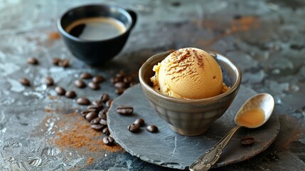 Wall Mural - ice cream coffee scoop, on the side a cup of espresso