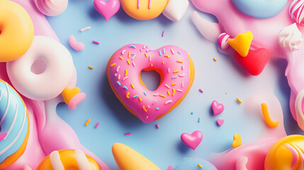 Wall Mural - Abstract white background with pastel colorful 3D overlap layer on dark space with turkey Donuts and hearts decoration. Modern graphic design element motion style concept for banner, flyer, card,