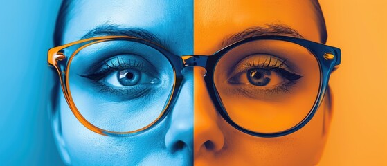 Close-up of a person's face with glasses, split in half by blue and orange colors.