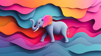 Wall Mural - Abstract white background with pastel colorful 3D abstract background overlap layer on dark space with elephant decoration. Modern graphic design element motion style concept for banner, flyer, card, 