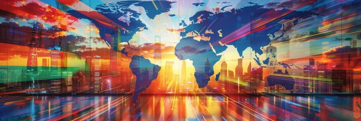 Wall Mural - A digital art piece showcasing the global map with flags of various countries, overlaying an abstract cityscape at sunset The background is filled with vibrant colors and lines Generative AI