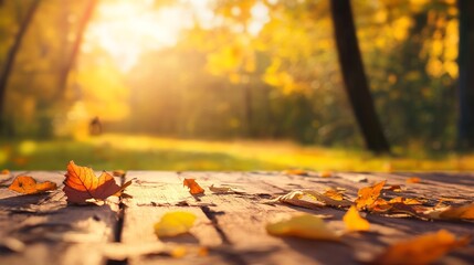 Wall Mural - Autumn Leaves on Wooden Path