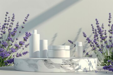 White containers with blank labels for cosmetics, cream, lotion, scrub, aroma oil on marble podium, lavender flowers on light background. Mockup presentation of natural eco cosmetics