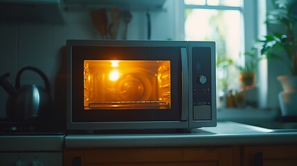 a microwave oven with a light inside of it on a counter top