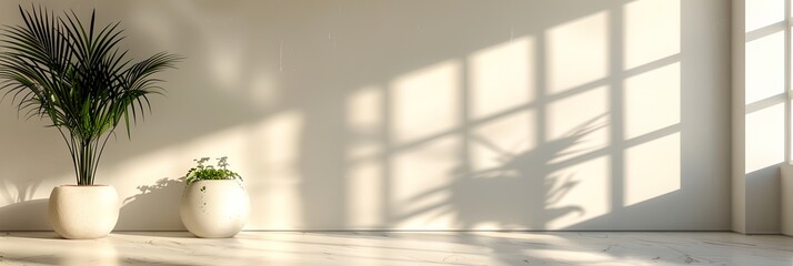 three white vases with plants in them on a white floor with a window behind them