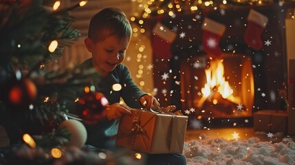 Wall Mural - A child unwraps a gift by the fireplace during a festive holiday celebration at home in winter
