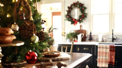 Wall Mural - Christmas kitchen decor with a festive tree, wreath, and holiday treats displayed on a dining table in a warmly lit space