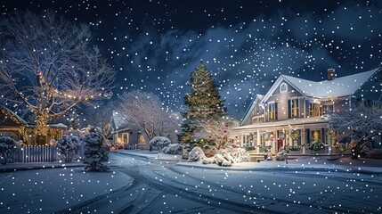 Snowfall over a beautifully decorated house with a Christmas tree and lights in a winter wonderland at night