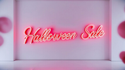 Wall Mural - Bright neon Halloween Sale sign in pink tones, ideal for digital marketing and holiday promotions. Sleek, modern typography on a clean background, for ecommerce banners and ads