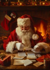 Santa Claus dressed in classic red suit is engrossed in reading letters surrounded by a warm fireplace and festive decorations, encapsulating the spirit of Christmas.