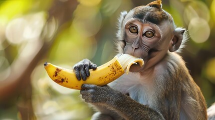  A detailed portrait of a macaque sitting on a tree branch, holding a piece of fruit in its hands