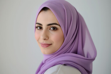 A woman wearing a purple scarf with a smile on her face